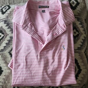 Peter Millar Men's Polo in Pink and White Stripes